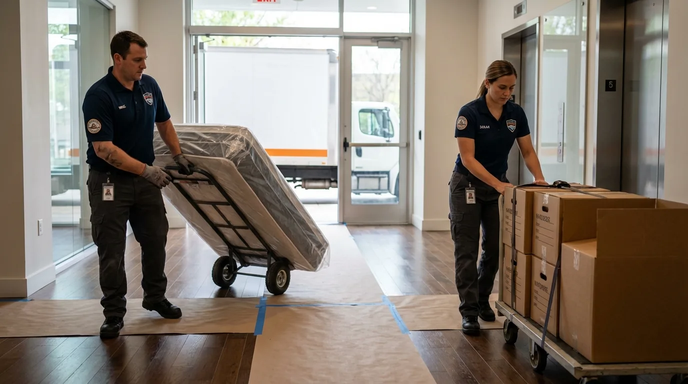 Professional apartment movers loading elevator in Fox Island, WA