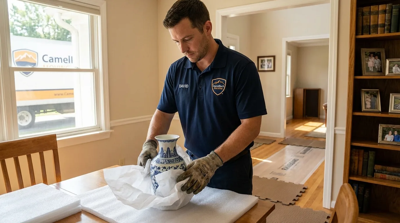 Professional crew carefully wrapping antique vase for senior downsizing move in Fox Island, WA